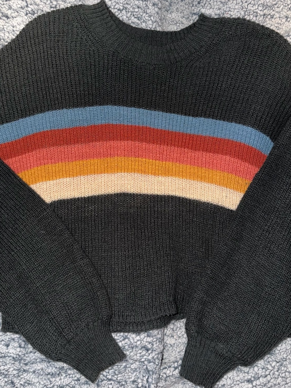 American Eagle cropped Women’s Black Crewneck Sweater with Multicolor Stripes